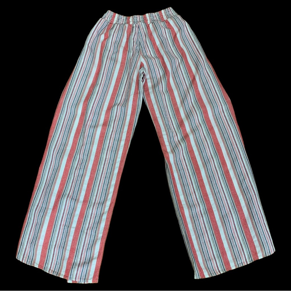 Bobi Los Angeles Red Striped Open Front Slit Wide Leg Linen Like Pants Small NWT - Picture 3 of 6
